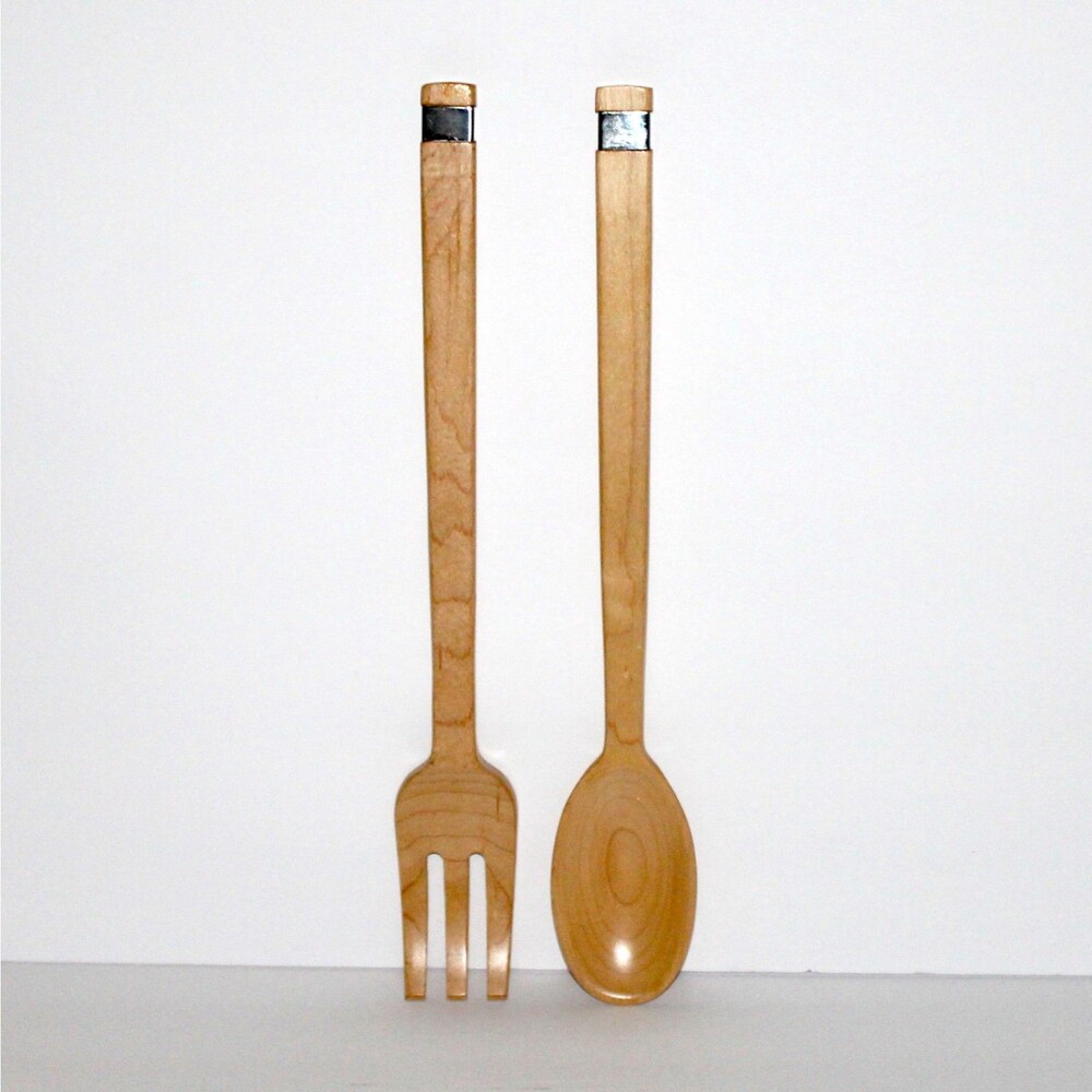 Crate & Barrel Salad Server Set Maple Wood large serving 14" kitchen utensils